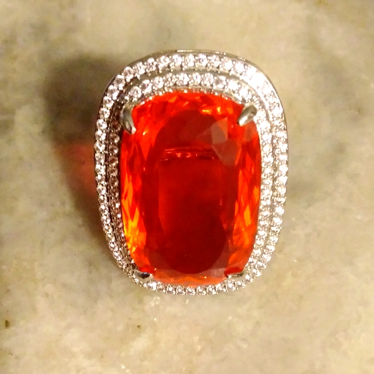 Large Red Orange Topaz And White Topaz Silver Ring